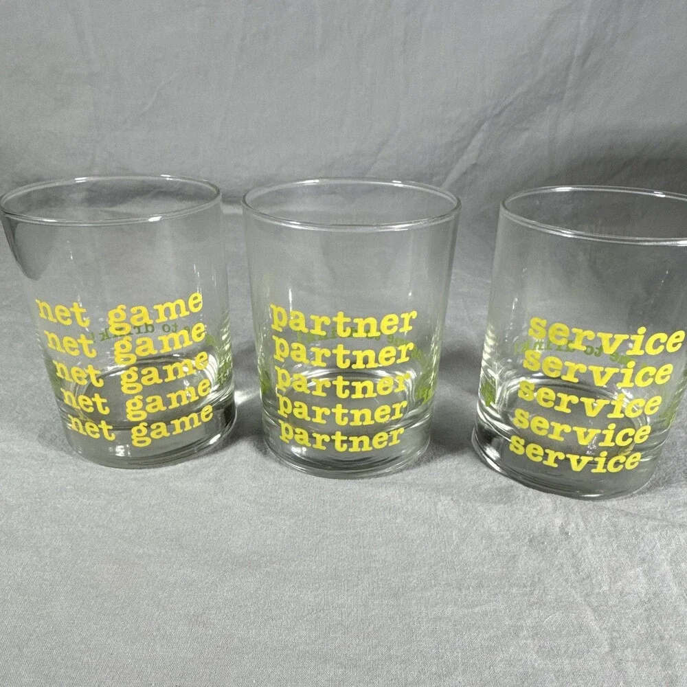 MCM Clear Glass 8oz Rocks Tumblers Text Print Partner Service Net Game Set of 3